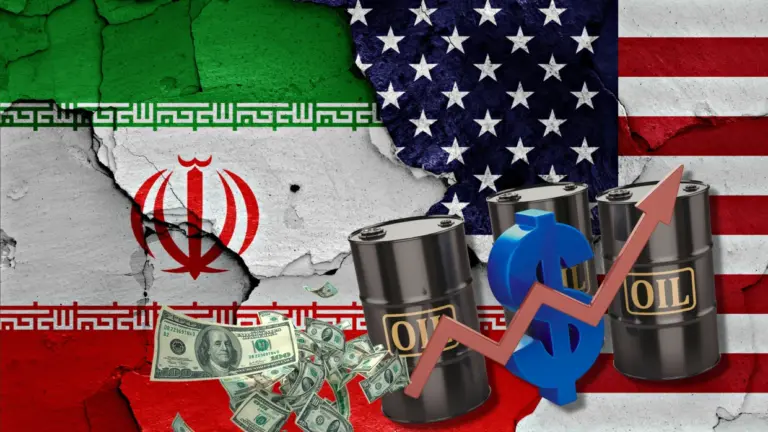 Iranische Flagge kombiniert mit US-Dollar, Öl und wirtschaftlichen Symbolen als Darstellung geopolitischer Spannungen und Energiepolitik – Financipation Club