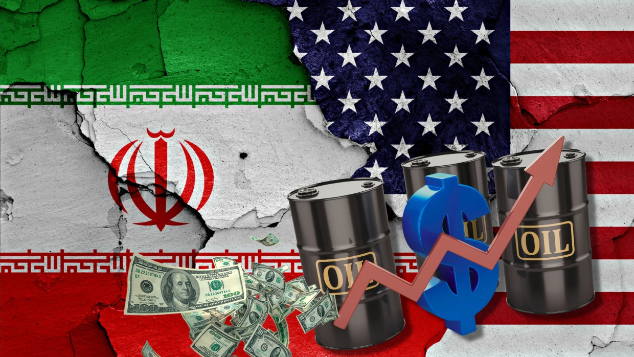Iranische Flagge kombiniert mit US-Dollar, Öl und wirtschaftlichen Symbolen als Darstellung geopolitischer Spannungen und Energiepolitik – Financipation Club