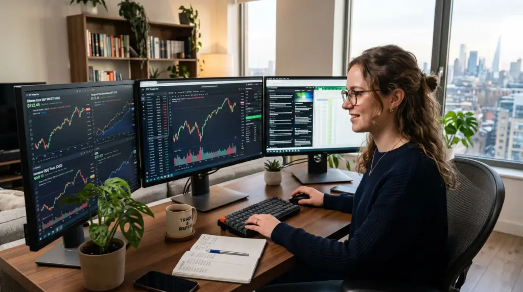 Frau analysiert Börsenkurse am Computer – Financipation Club