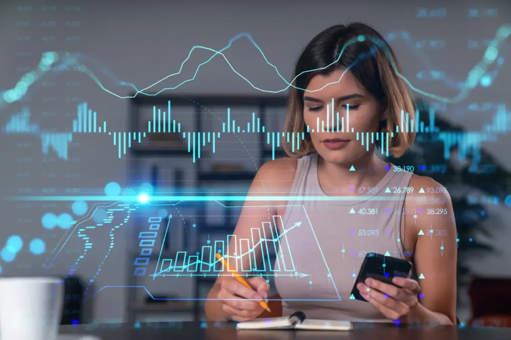 Frau analysiert digitale Börsenkurse und Finanzdaten-Financipation-Club